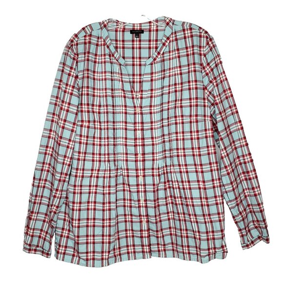 Talbots Plaid Top Shirt L Blue Red V Neck Pin Tuck Pleats Button Front - Picture 1 of 5